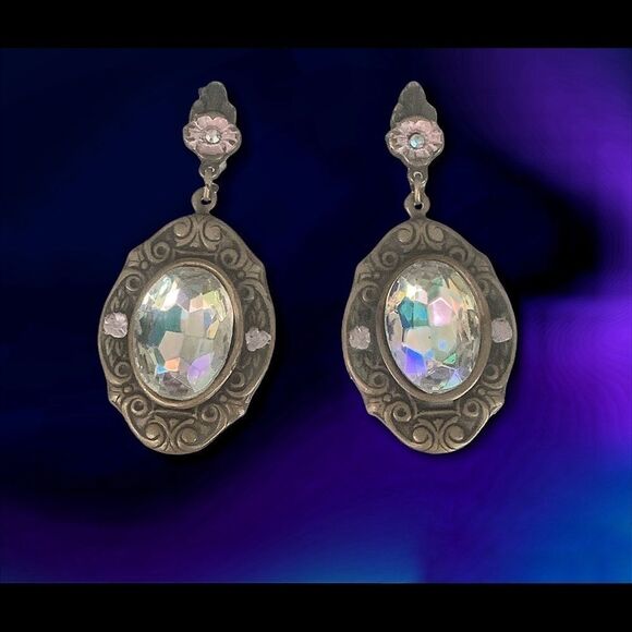 Vtg Banana Bob Art Deco Victorian ab lucite ox gold dangle pierced earrings - Picture 1 of 6